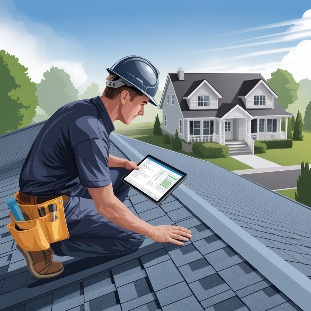 man with a computer checking a roofi